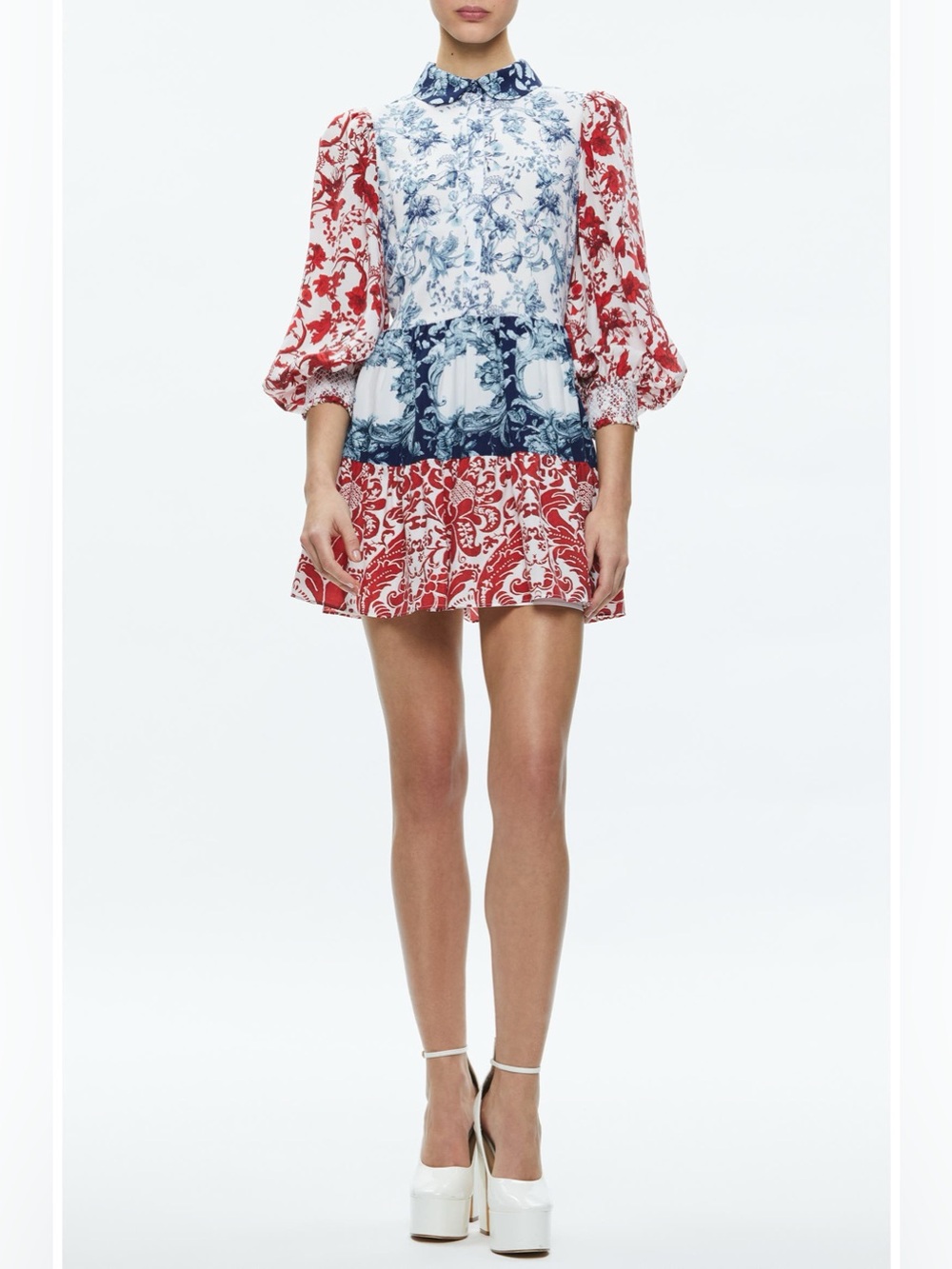 Alice And Olivia Paulie Mixed Floral Mini With Balloon Sleeves